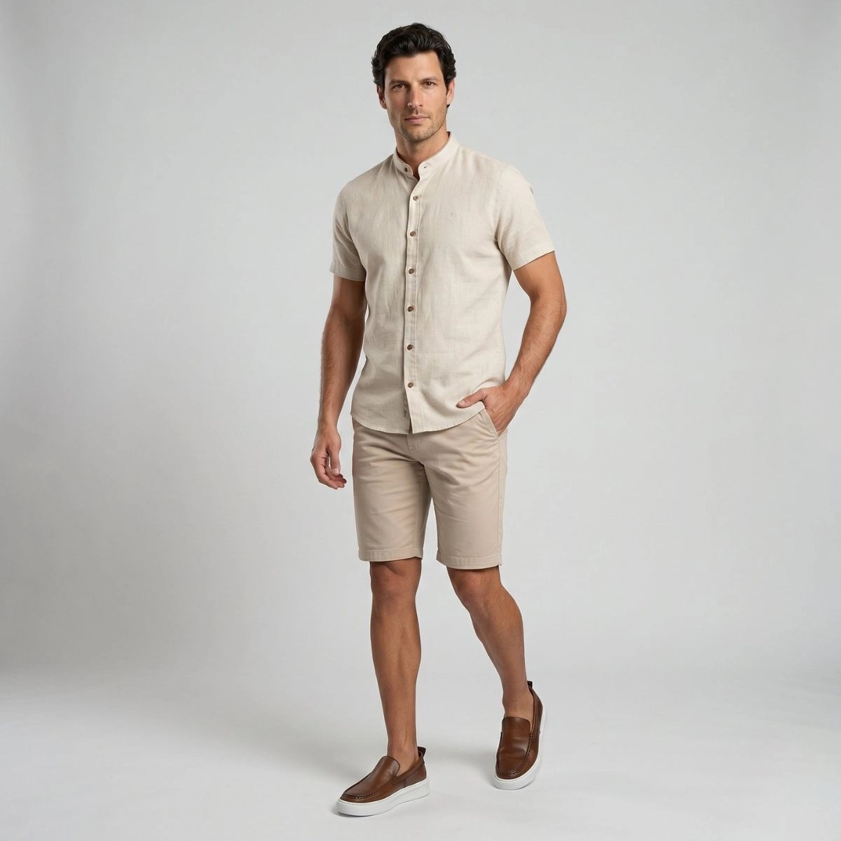CAMISA M/C GOLA PADRE BLEND LINHO OFFWHI